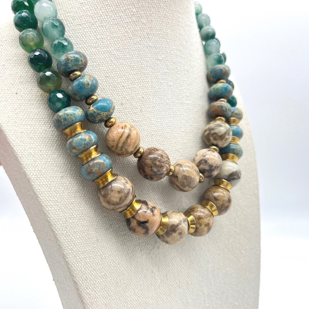 Double Strand Mixed Stone Bead Necklace Green Agate Blue Jasper Gold Tone Clasp